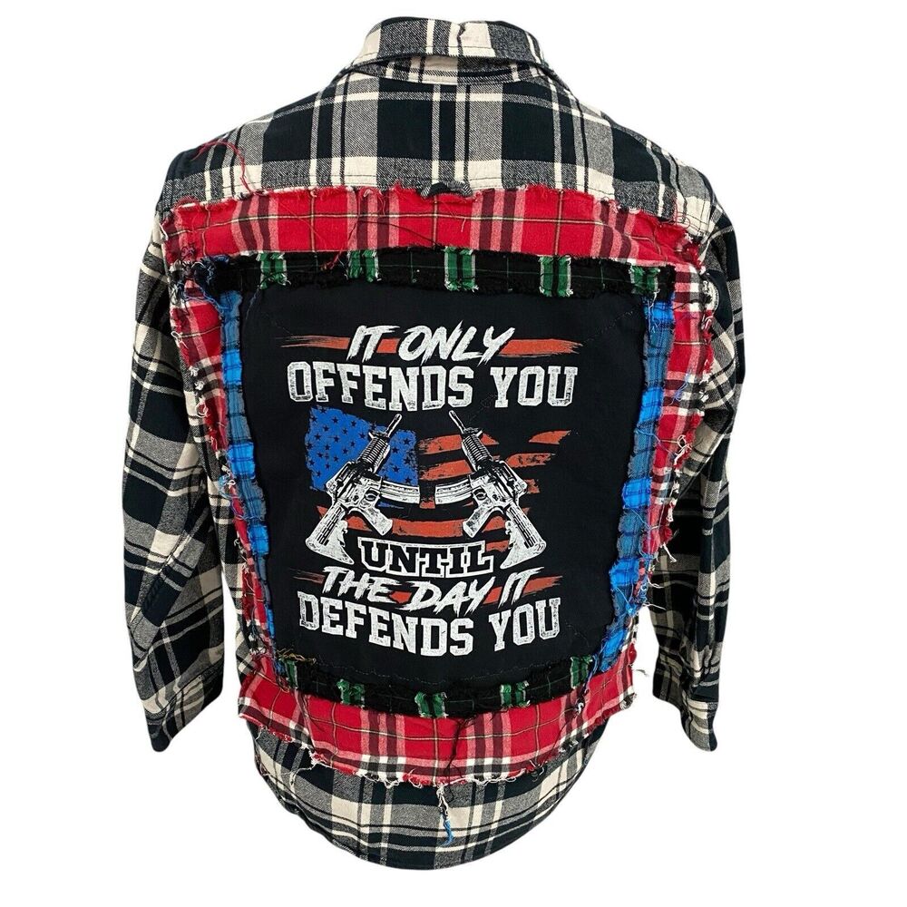 Upcycled Flannel Shirt Mens 2X Defend America Grunge Shacket Freedom Patriot Art